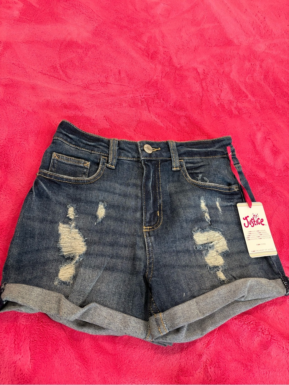 Justice Distressed Dark Wash Denim Shorts with Rolled Hem